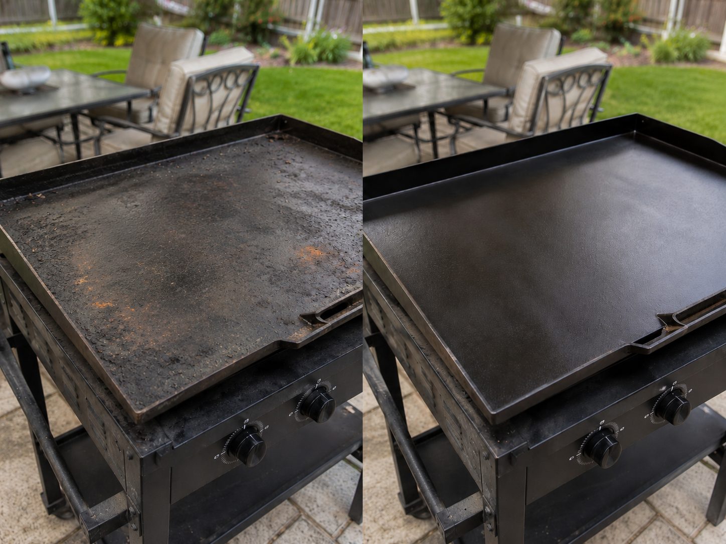 A neglected flat-top griddle with grease and light surface rust on the left, and the same griddle cleaned and seasoned to a smooth black finish on the right.
