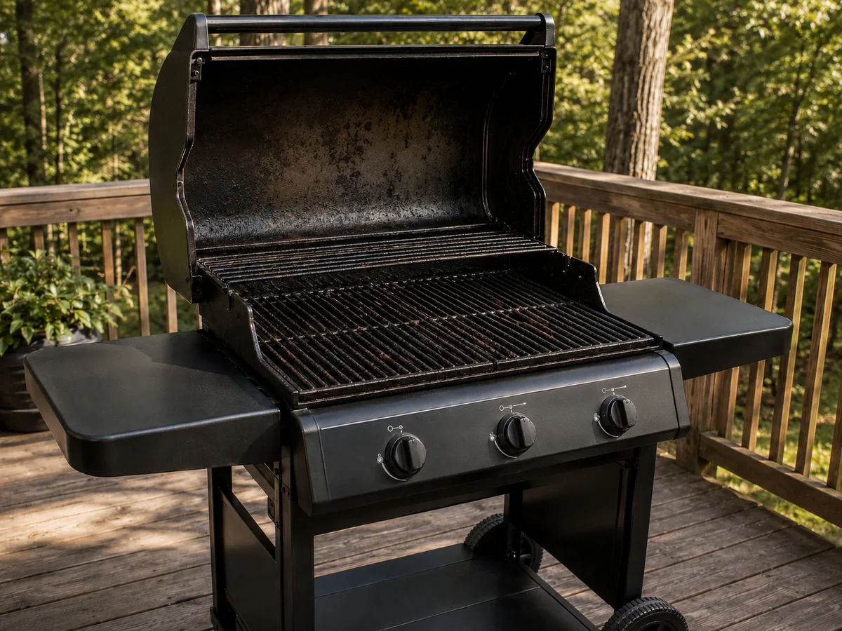 A neglected older gas grill with grease-caked cooking grates before cleaning